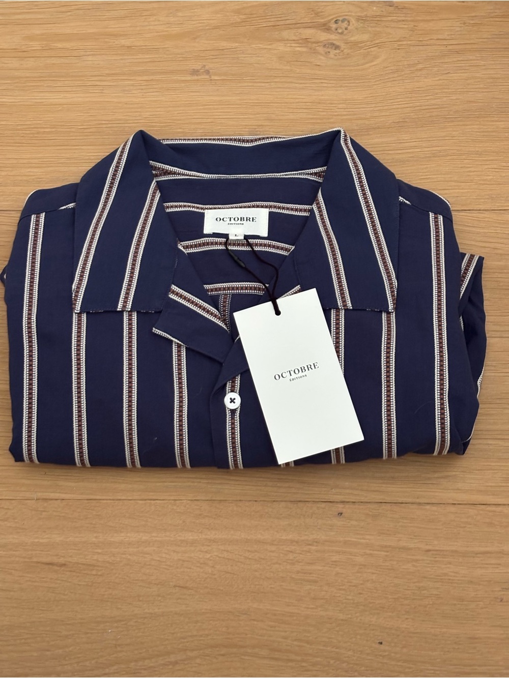 Holt Octobre Textured Short Sleeved Shirt -NWT Men's Lrg. Navy/Cream/Brown